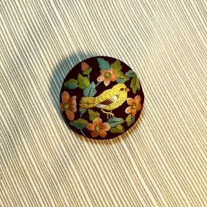 Vintage Embroidered Flower and Bird Brooch